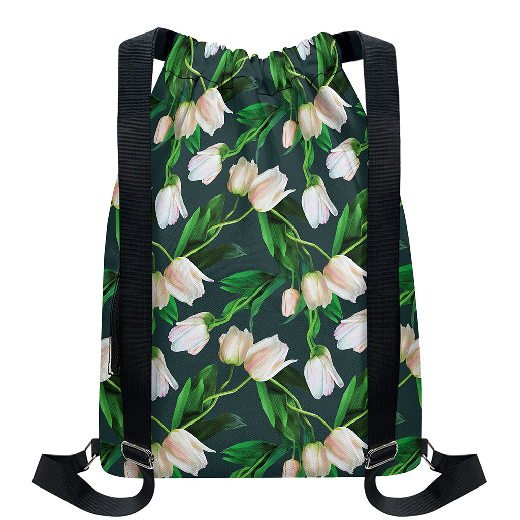 White Tulip Pattern Print Drawstring Backpack