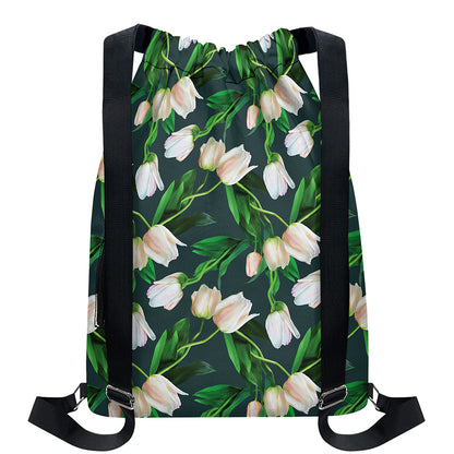 White Tulip Pattern Print Drawstring Backpack