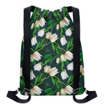 White Tulip Pattern Print Drawstring Backpack