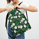 White Tulip Pattern Print Drawstring Backpack