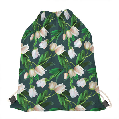 White Tulip Pattern Print Drawstring Bag