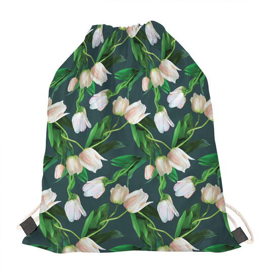 White Tulip Pattern Print Drawstring Bag