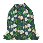White Tulip Pattern Print Drawstring Bag