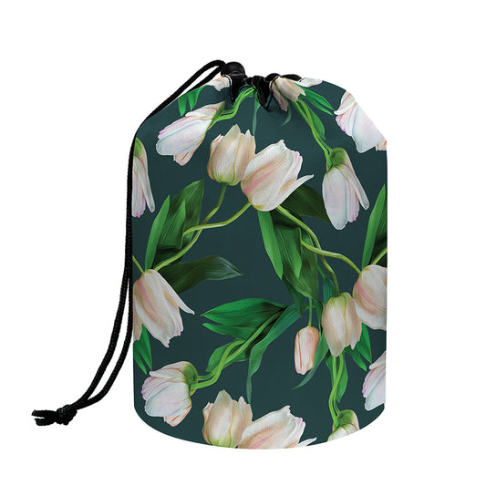 White Tulip Pattern Print Drawstring Makeup Bag