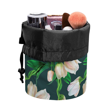 White Tulip Pattern Print Drawstring Makeup Bag