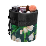 White Tulip Pattern Print Drawstring Makeup Bag