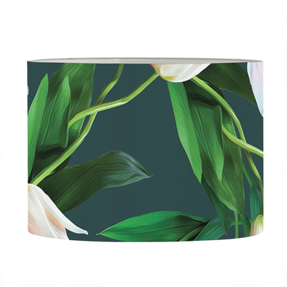 White Tulip Pattern Print Drum Lamp Shade