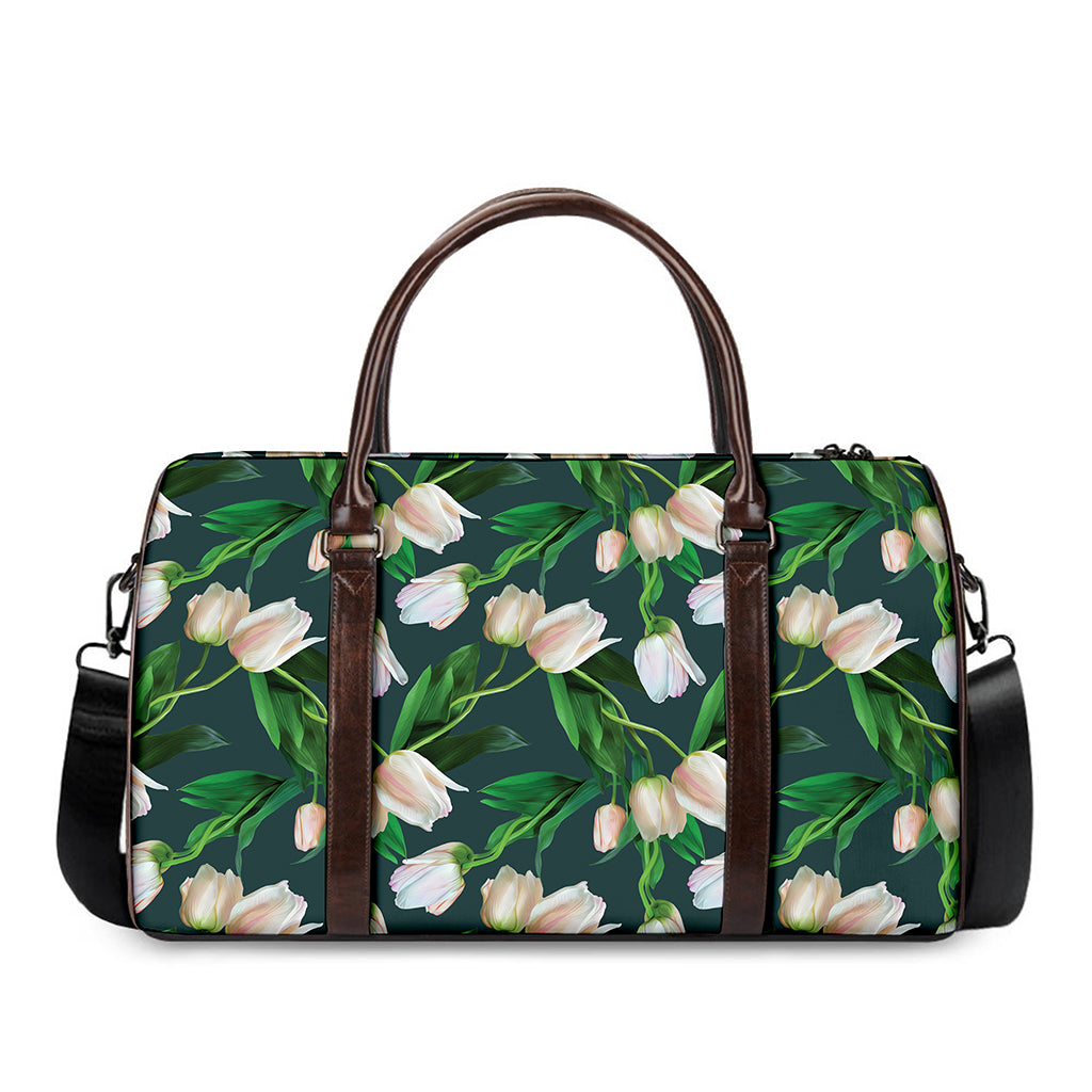 White Tulip Pattern Print Duffle Bag