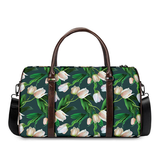 White Tulip Pattern Print Duffle Bag