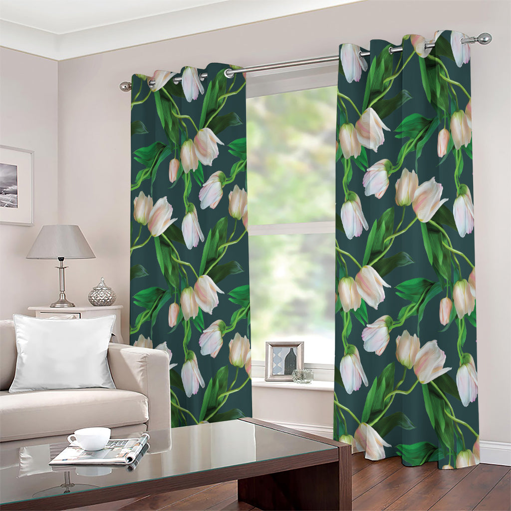 White Tulip Pattern Print Extra Wide Grommet Curtains