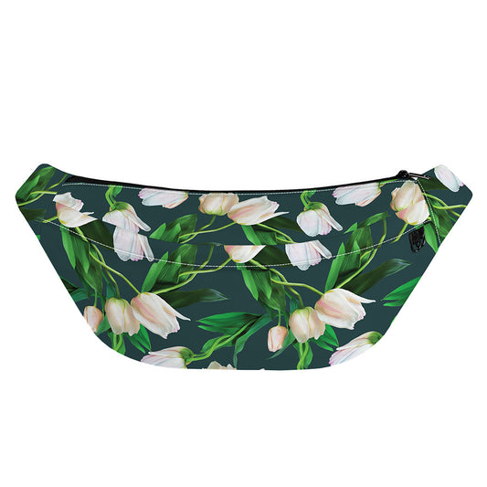 White Tulip Pattern Print Fanny Pack