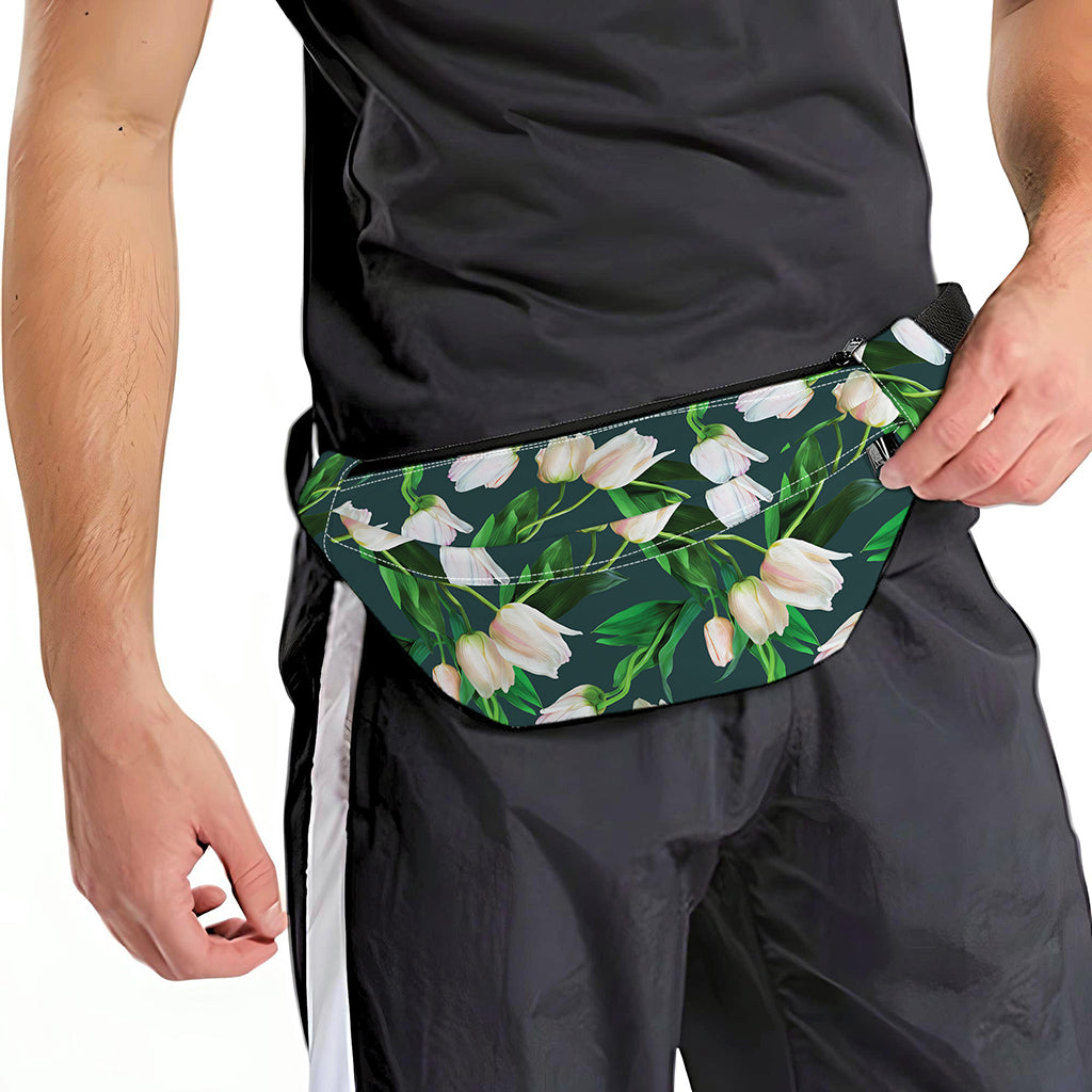 White Tulip Pattern Print Fanny Pack