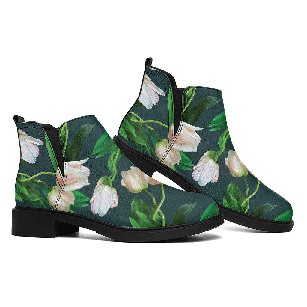 White Tulip Pattern Print Flat Ankle Boots