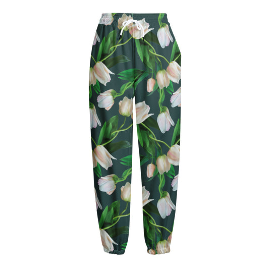 White Tulip Pattern Print Fleece Lined Knit Pants