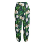 White Tulip Pattern Print Fleece Lined Knit Pants