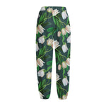 White Tulip Pattern Print Fleece Lined Knit Pants