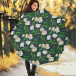 White Tulip Pattern Print Foldable Umbrella