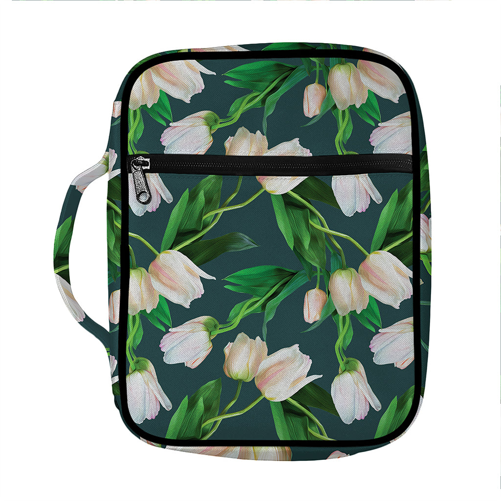 White Tulip Pattern Print Front Pocket Bible Bag