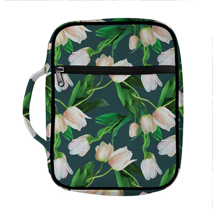 White Tulip Pattern Print Front Pocket Bible Bag