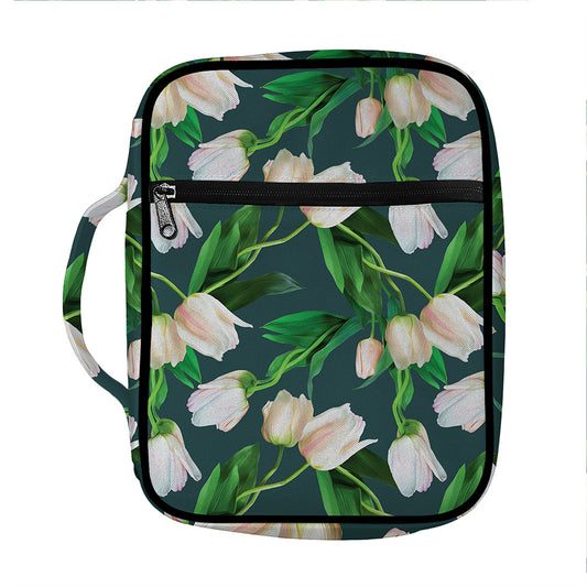 White Tulip Pattern Print Front Pocket Bible Bag