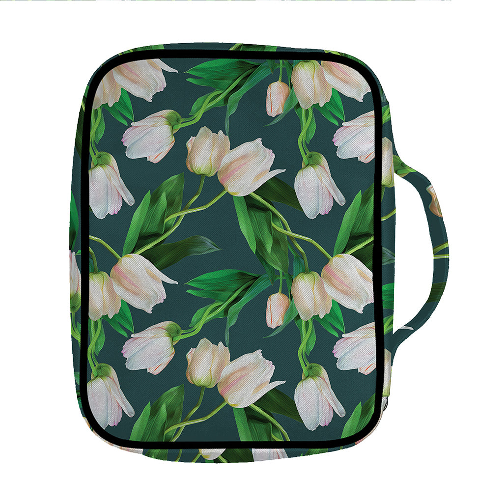 White Tulip Pattern Print Front Pocket Bible Bag