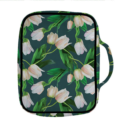 White Tulip Pattern Print Front Pocket Bible Bag
