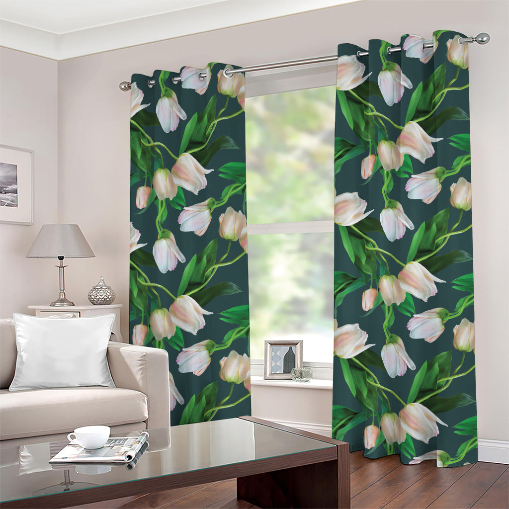 White Tulip Pattern Print Grommet Curtains