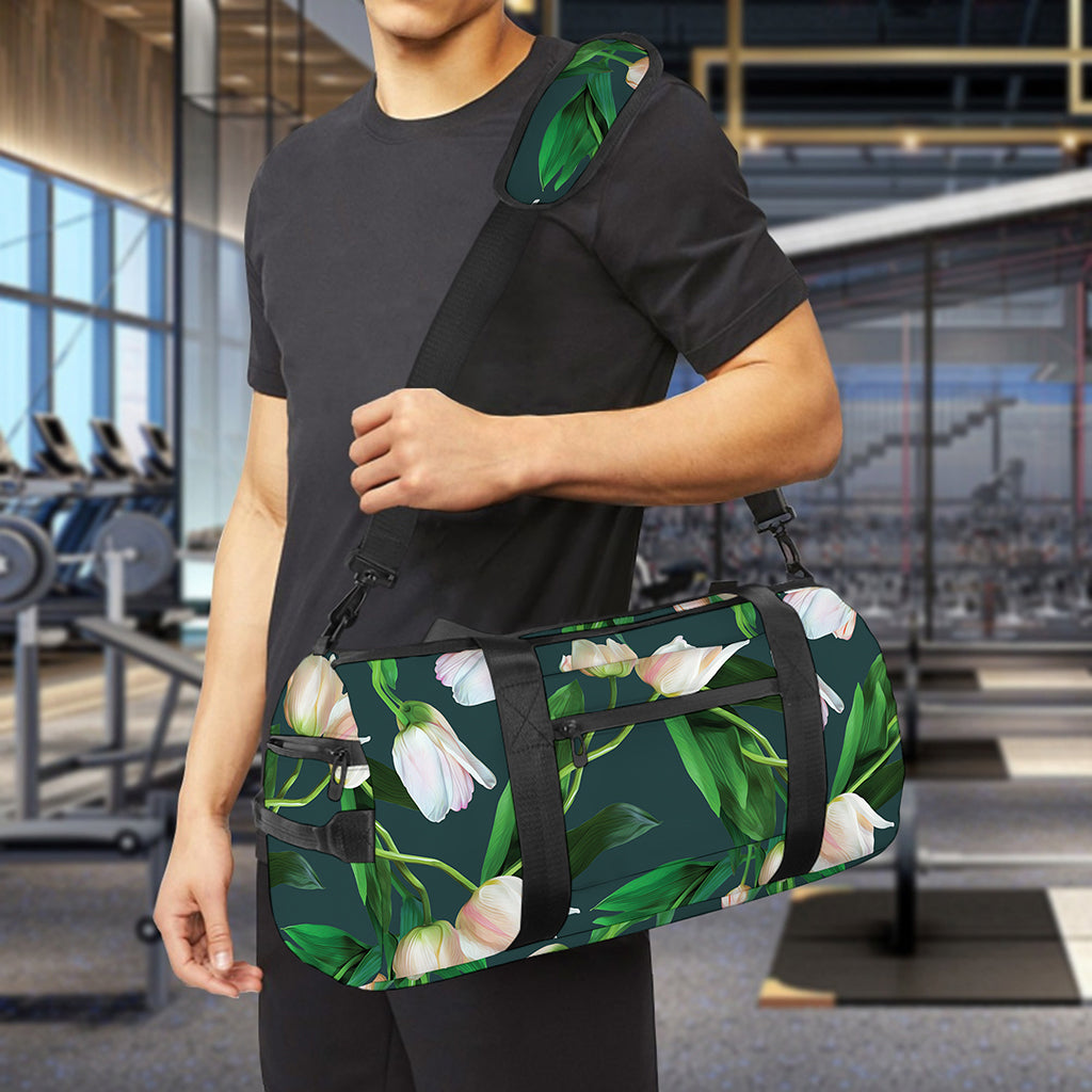 White Tulip Pattern Print Gym Bag
