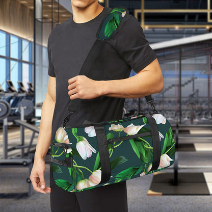 White Tulip Pattern Print Gym Bag