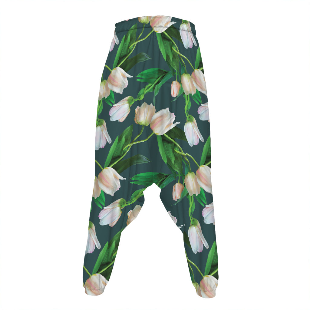 White Tulip Pattern Print Hammer Pants