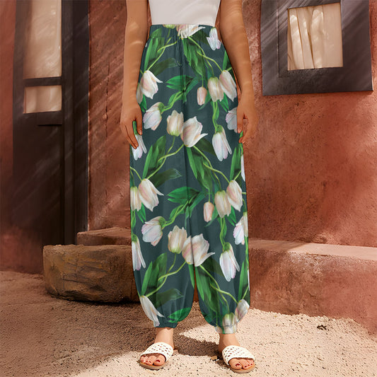 White Tulip Pattern Print Harem Pants
