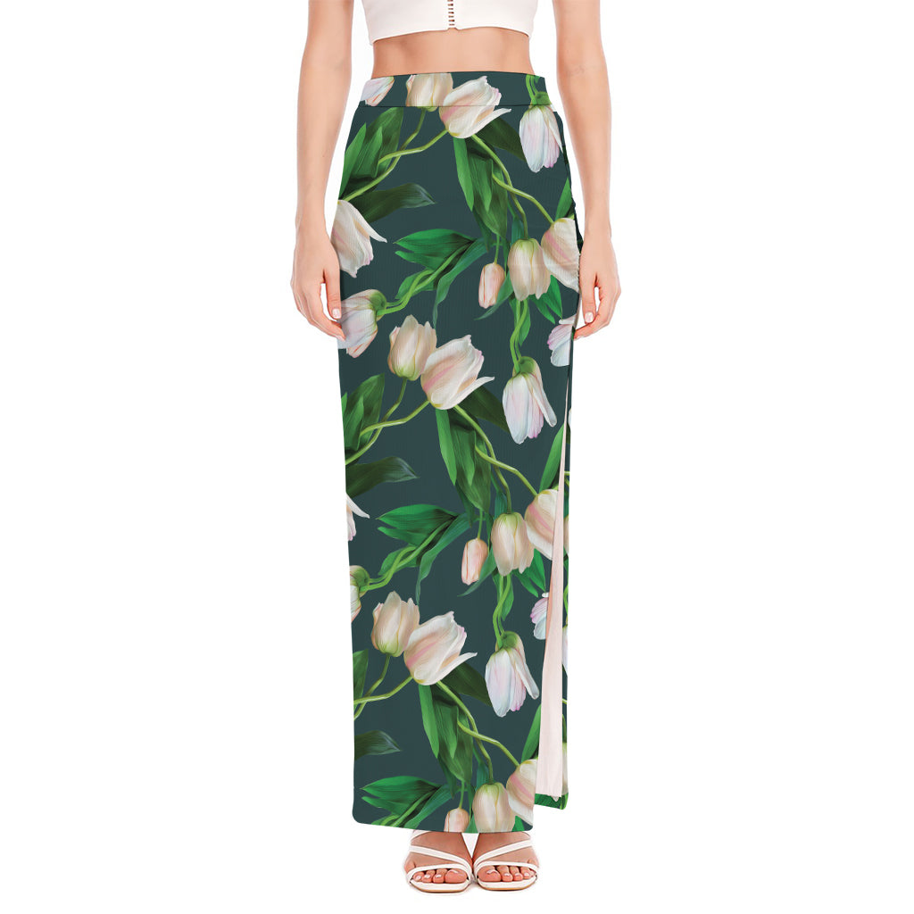 White Tulip Pattern Print High Slit Maxi Skirt