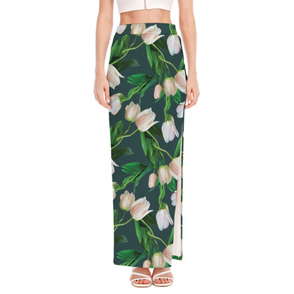 White Tulip Pattern Print High Slit Maxi Skirt