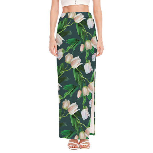 White Tulip Pattern Print High Slit Maxi Skirt