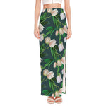 White Tulip Pattern Print High Slit Maxi Skirt