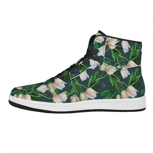 White Tulip Pattern Print High Top Leather Sneakers