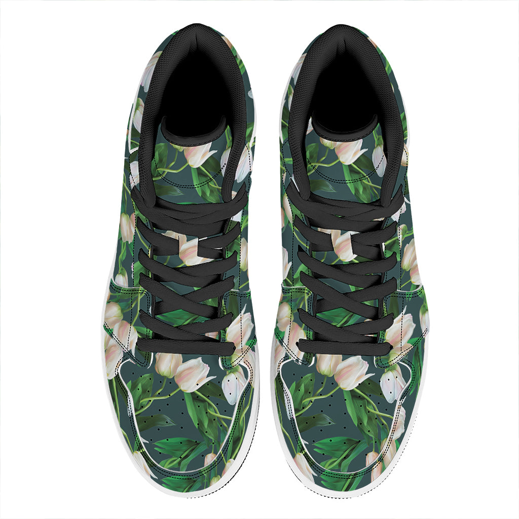 White Tulip Pattern Print High Top Leather Sneakers