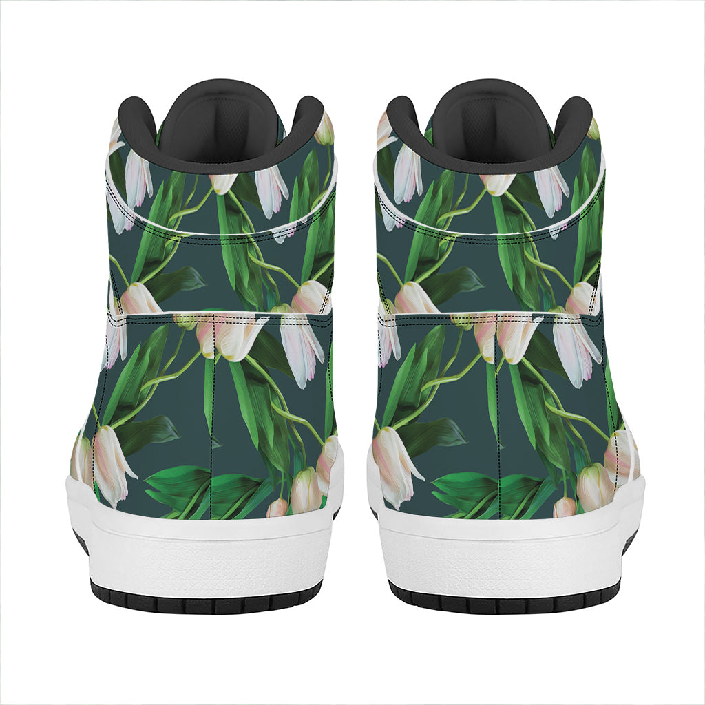 White Tulip Pattern Print High Top Leather Sneakers