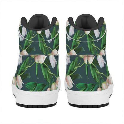 White Tulip Pattern Print High Top Leather Sneakers