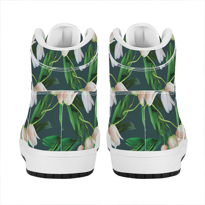 White Tulip Pattern Print High Top Leather Sneakers