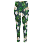 White Tulip Pattern Print High-Waisted Pocket Leggings