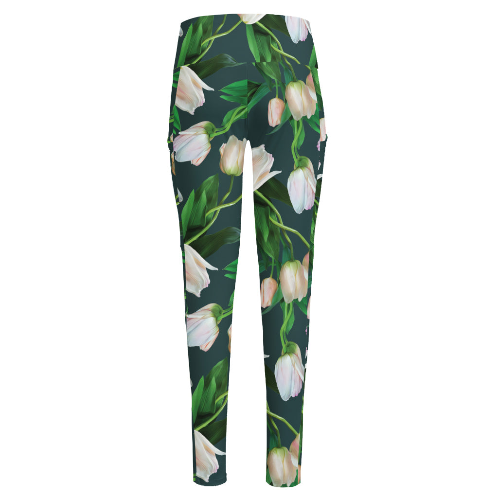 White Tulip Pattern Print High-Waisted Pocket Leggings