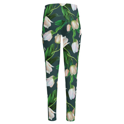 White Tulip Pattern Print High-Waisted Pocket Leggings