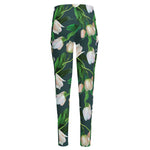 White Tulip Pattern Print High-Waisted Pocket Leggings