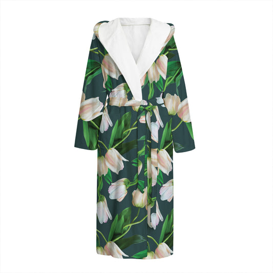 White Tulip Pattern Print Hooded Bathrobe