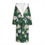 White Tulip Pattern Print Hooded Bathrobe