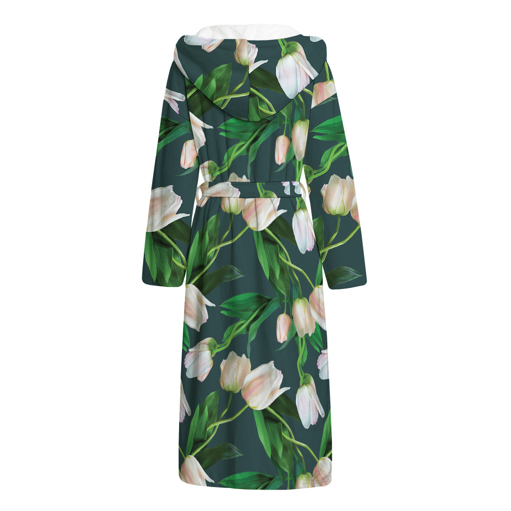 White Tulip Pattern Print Hooded Bathrobe