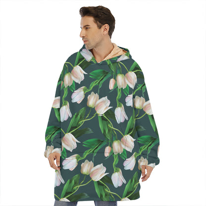 White Tulip Pattern Print Hoodie Blanket