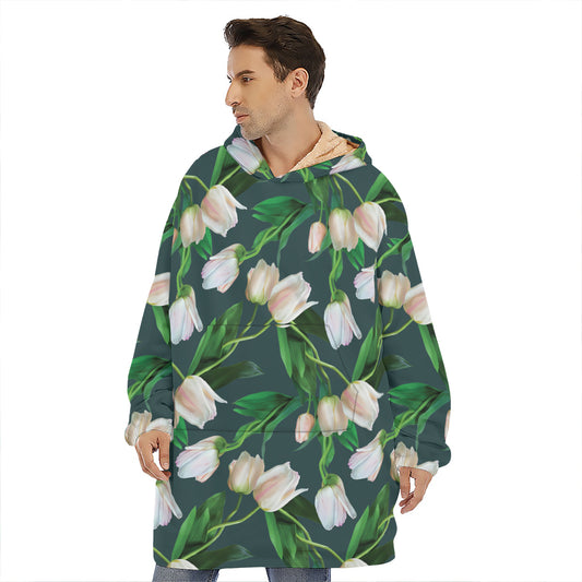 White Tulip Pattern Print Hoodie Blanket
