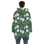 White Tulip Pattern Print Hoodie Blanket